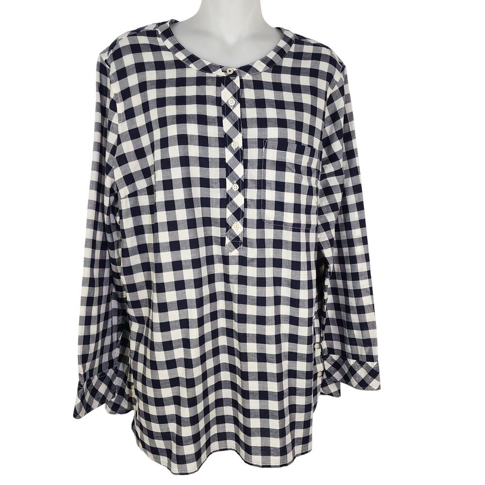 Talbots Petite Top Women Size XLP Popover Gingham Cotton Band Collar Side Button